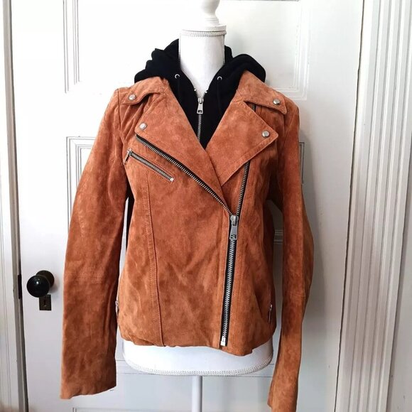 7 For All Mankind Leather Suede Moto Jacket Remove-able Hood Cognac / Black